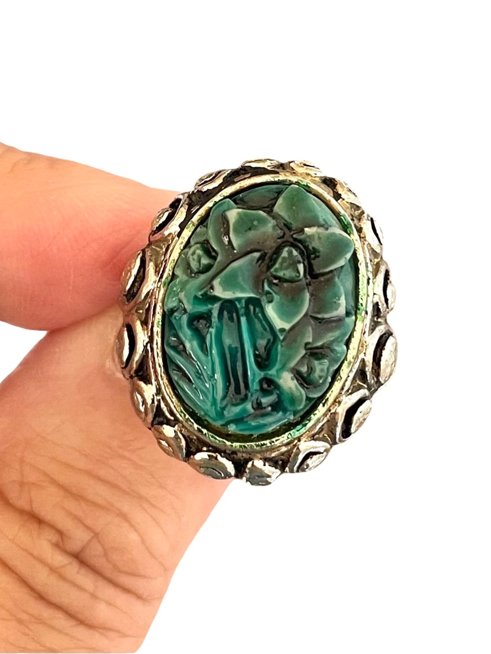 Vintage Mid-Century Chinese Export Carved Resin Flower Adjustable Ring